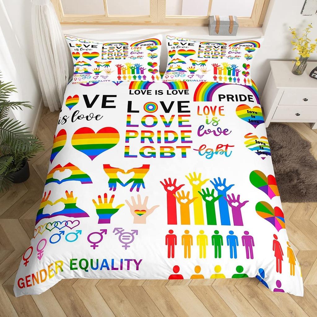 Love Is Love Duvet Cover Rainbow Bedding Set Pride For Love Theme Romantic Comforter Cover Colorful Cartoon Car Bedspread Cover