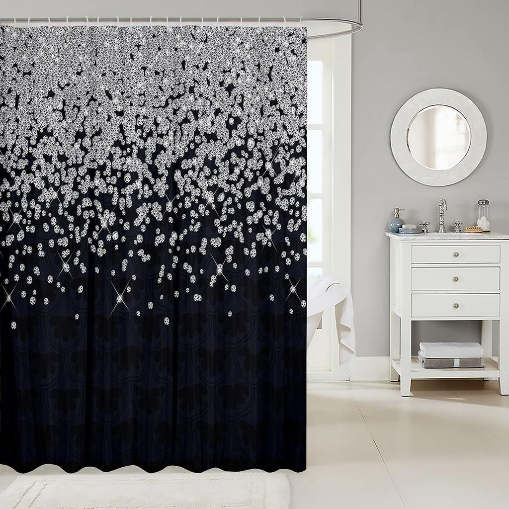 Black Diamond Shower Curtain Sparkle Glitter Pattern Luxury Design Elegant Theme Bath Decor Waterproof Fabric Glamorous