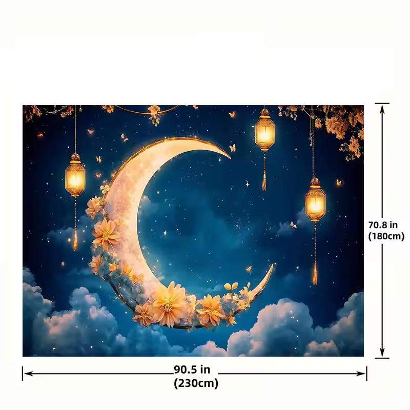 2D Fantasy Night Sky Photography Backdrop with Golden Moon and Floral Accents