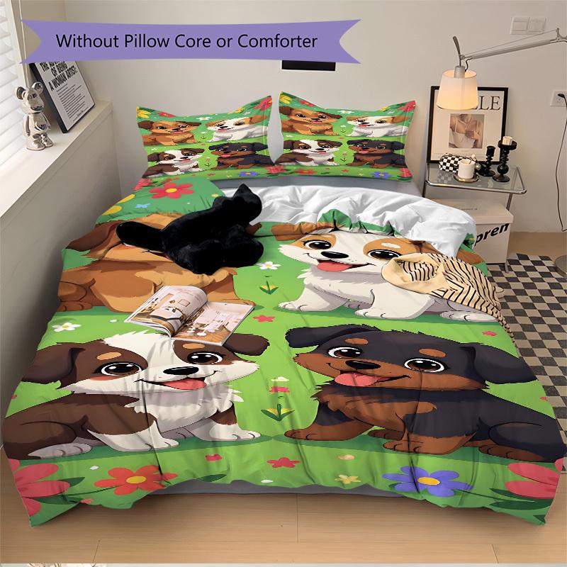 3pcs Cute Puppies Bedding Set - 1 Duvet Cover + 2 Pillowcases(Core Not Included), Machine Washable Polyester yy251216121