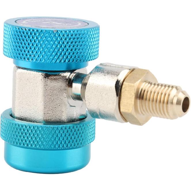 Quick Coupler R134A A/C Low Side Blue 90 Connector Air Conditioning Adapter with Extractor Valve Core, 1/4 Inch Male