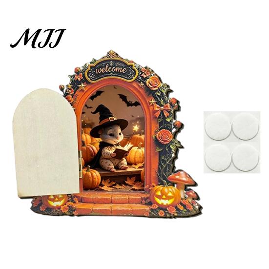 Unique Halloween Shelf Decor Mouse Hole Wall Decoration, Retro Arched Fairy Door with Pumpkin Cute Room Accessories & Flower Decor, Miniature Openable
