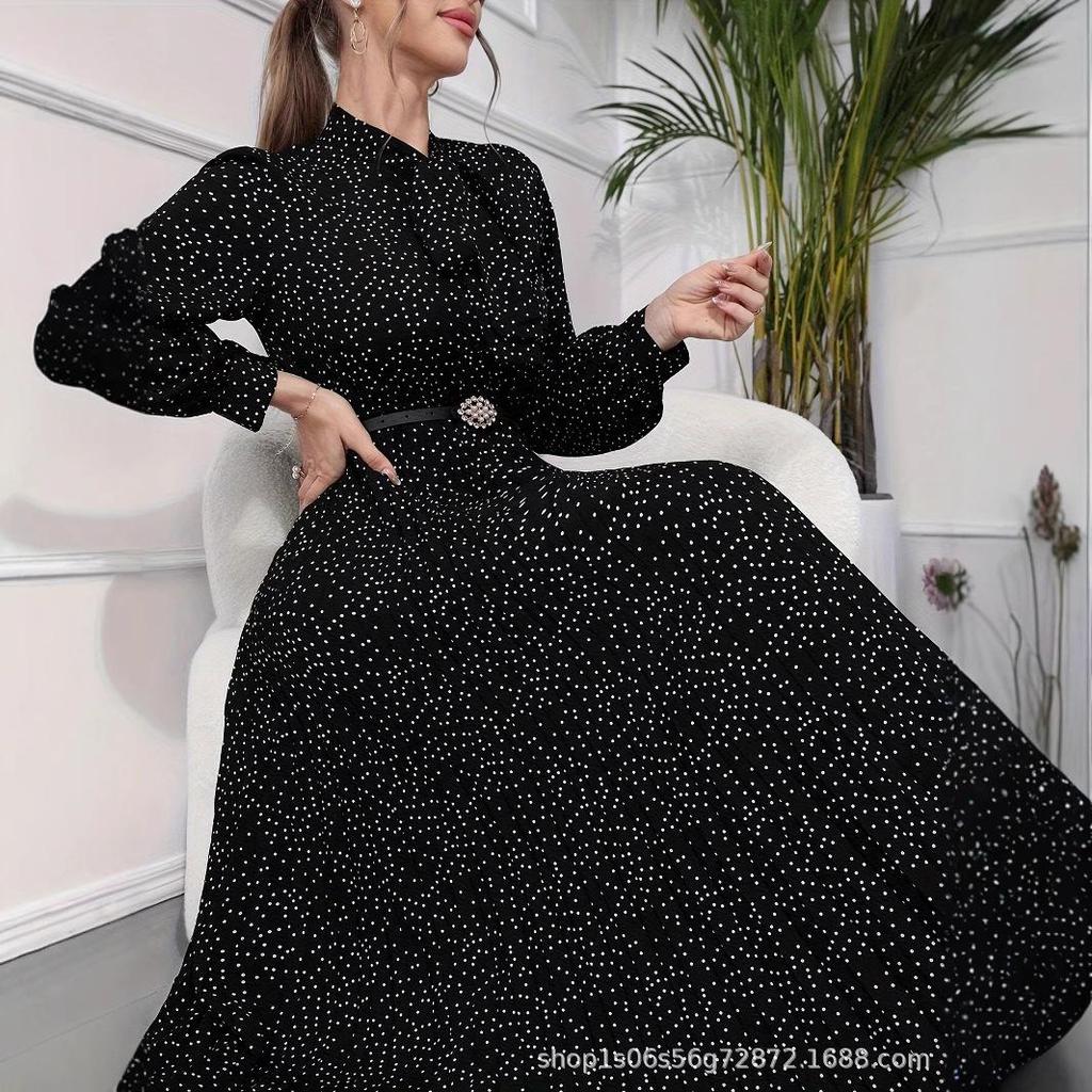 Blue Polka Dot Long Sleeve Dress with Bow Collar