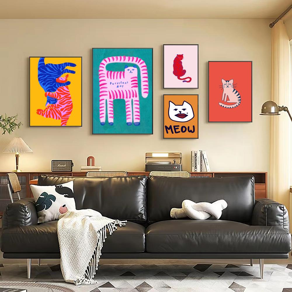 Cartoon Cat Mood Body Moon Lady Poster Retro Print Paper Waterproof High Quality Sticker Home Living Room Bar Wall Decor