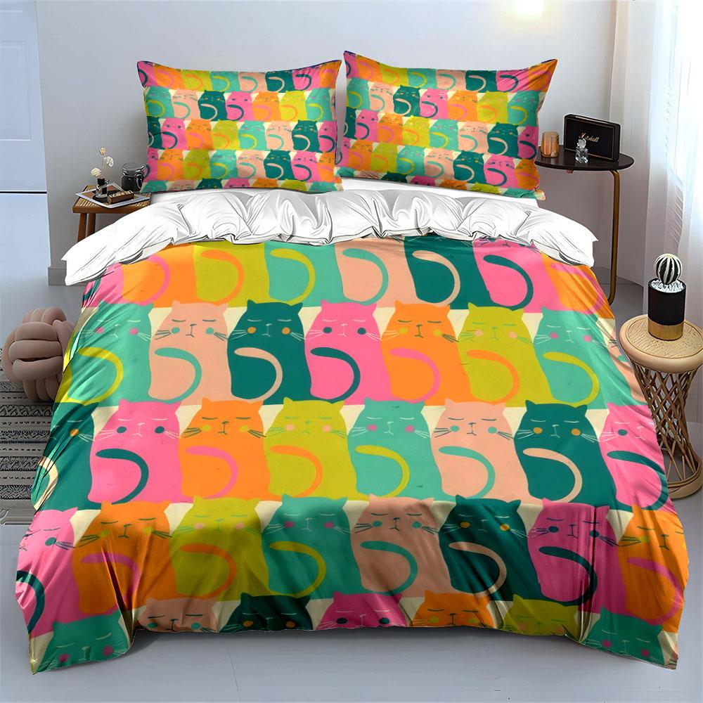 Colorful Cat Pattern Decorative Set Soft Skin-Friendly Bedding Set Includes 1 Duvet Cover And 2 Pillowcase, Gift