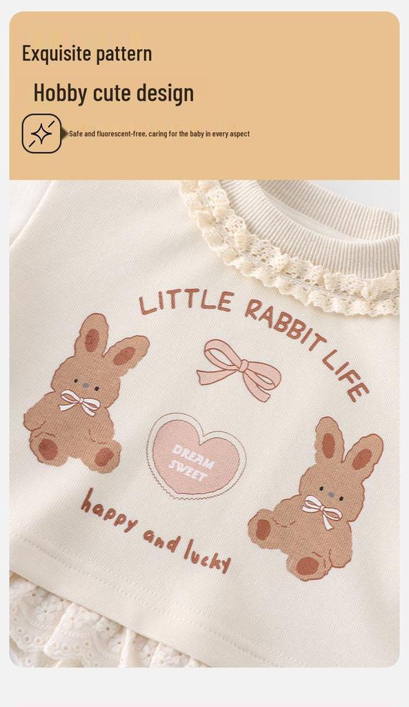 Korean Girls' Spring 2026 Cartoon Hoodie & Pants Two-Piece Set