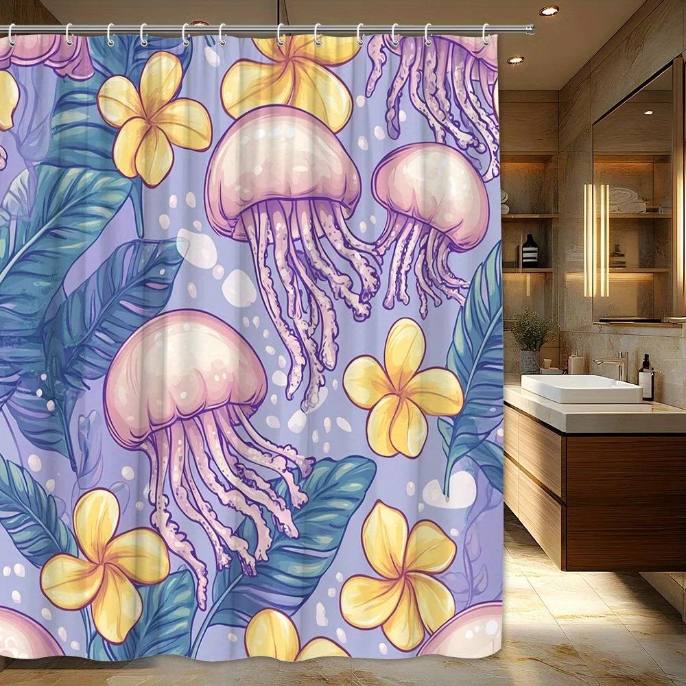 Причурливая тропическая цветочная шторка для душа, розовые медузы и лавандовый фон, декоративные шторы для ванной комнаты 90X180CM