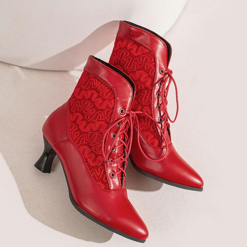 Lace-up Women Ankle Boots Middle Heels Custom Lace Pointed Toe Autumn Winter Women Shoes Black Red White Short Booties WSH4927