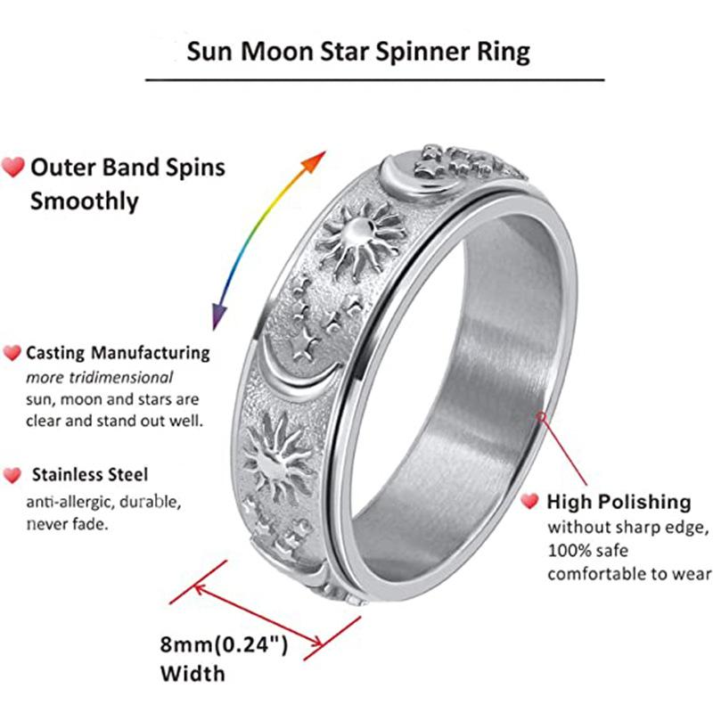 Star Moon Sun Rotating Titanium Steel Ring Unisex Bohemian Relief Anxiety Jewelry Accessories