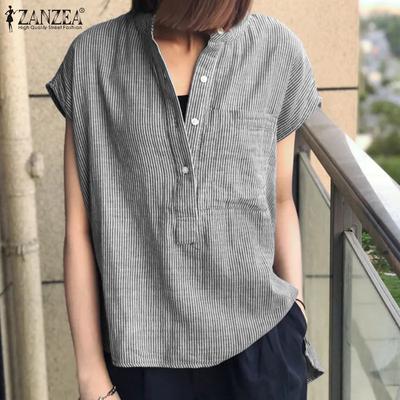 Women Stripe Print Summer Short Sleeve Blouse