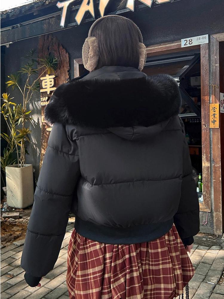 Hooded Cotton-padded Jacket Short Winter Thickened Warm Coat With Fur Collar