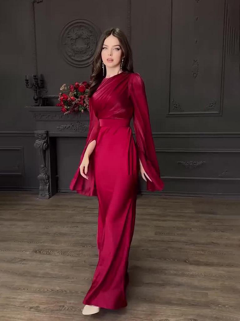 European & American Patchwork Flare Sleeve Satin Dress - Slim Fit, Autumn Style 2025