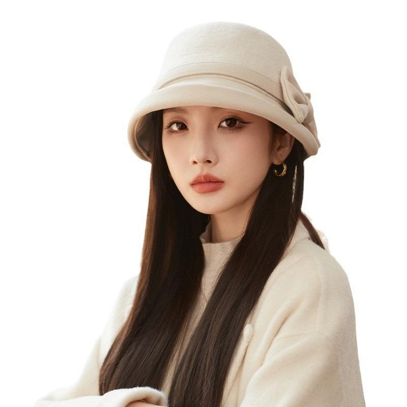 Bow autumn and winter hat women's big head circumference shows small face temperament bucket hat retro versatile basin hat