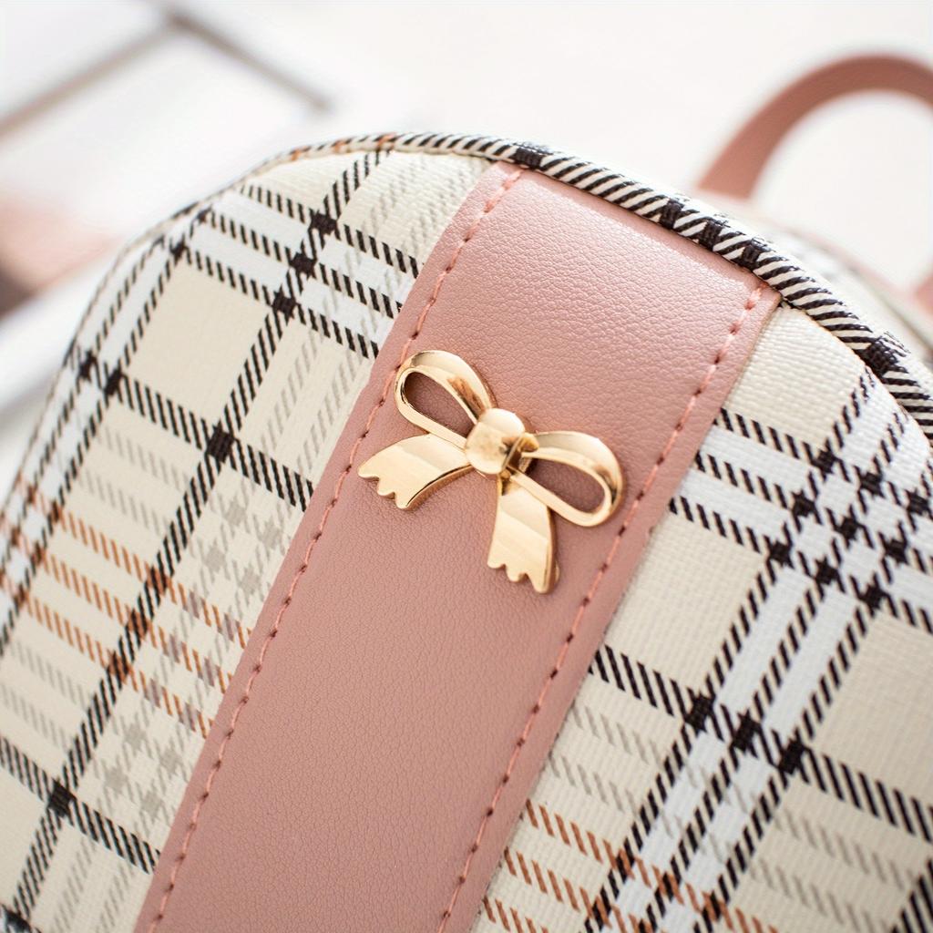 Women'S Fashion Backpack, Plaid Color-Block Small Backpack, Fresh Style Bow Casual Bag