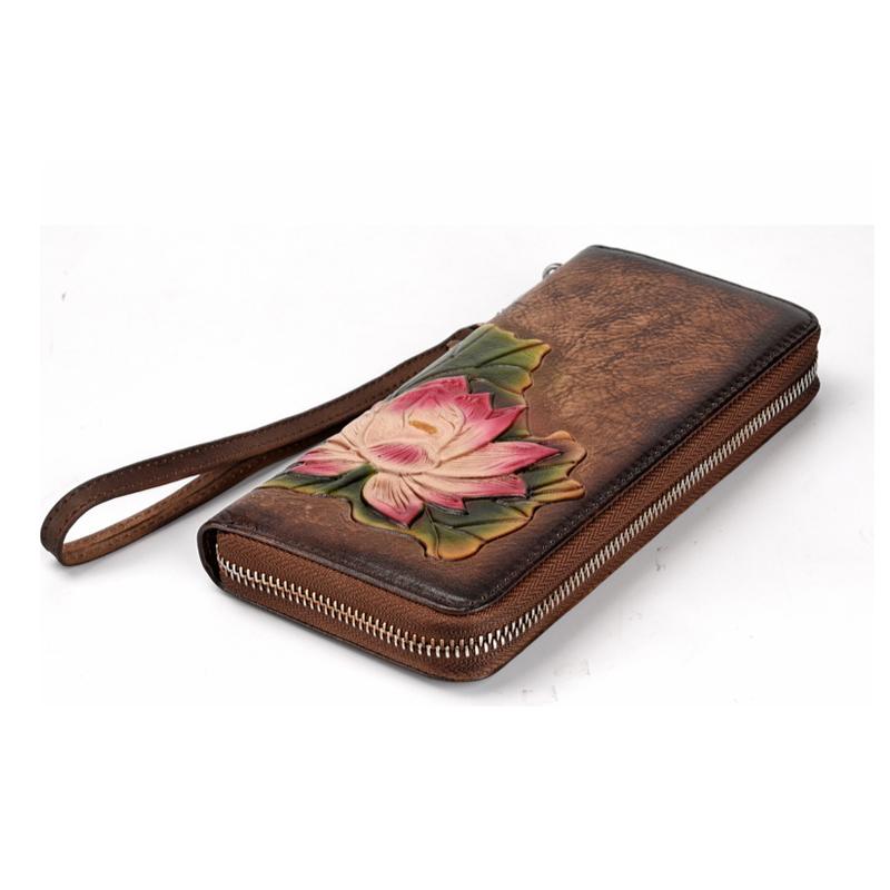 Johnature Handmade Vintage Genuine Leather Ladies Clutch Bags Female Purse Women Floral Zipper Standard Wallets