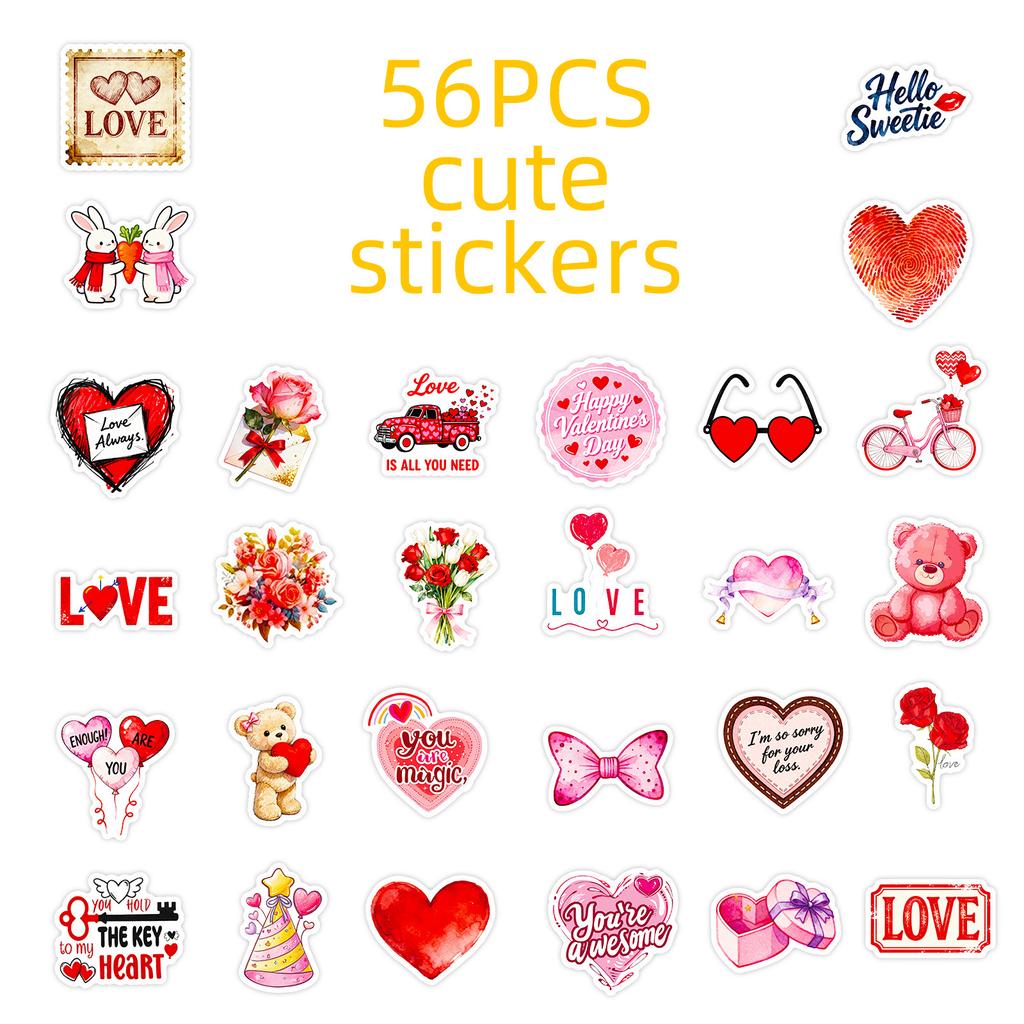 56 Valentine'S Day Themed Red Cute Cartoon Graffiti Stickers Festive Atmosphere Decorative Waterproof Stickers