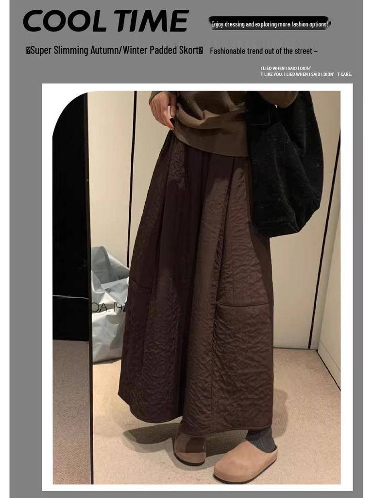 Women's Autumn/Winter 2025 Coffee Quilted Wide-Leg High-Waisted Culottes Skirt - Plus Velvet, Slimming, Thickened, Three-Quarter Length.