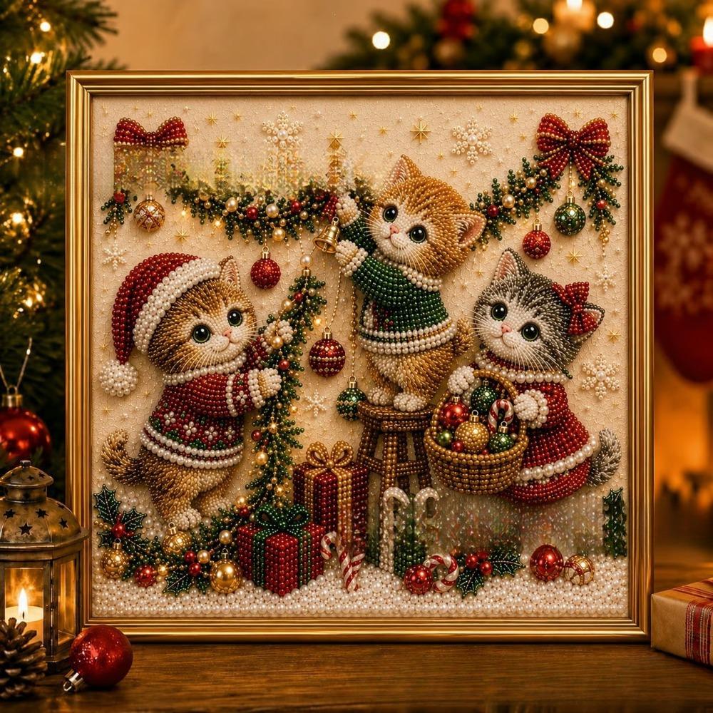 1 Set 3D Pearl Effect Diamond Painting Art Kit Christmas Kitty Theme Handmade Christmas Kitty Art Kit DIY Pearl Art Kit