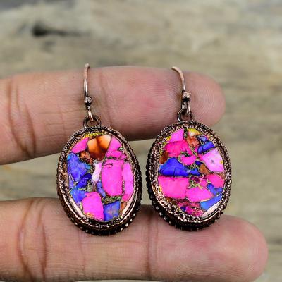 Natural Kingman Pink Dahlia Turquoise Earring Electroformed Copper Earrings Gemstone Jewelry Handmade Earring Copper Jewelry Gifts For Women