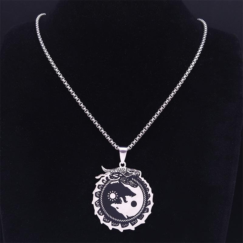 Yin Yang Gossip Wolf Sun Moon Stainless Steel Dragon Pendant Necklace Silver Color Statement Necklace Jewelry Collar N3694S02