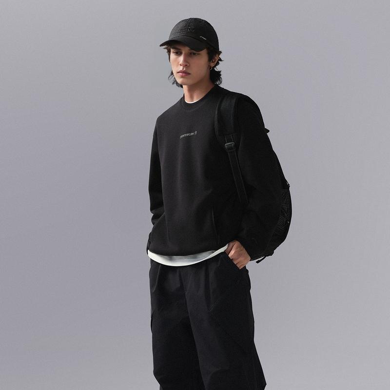 Li Ning CF Suo Letter Round Neck Long Sleeve Fleece Warm Sweatshirt Men sweatshirt Black AWDU957-4