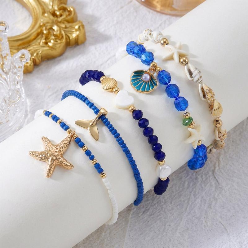 1 Set Summer Ocean Blue Beads Strand Hand Chain Bohemia Starfish Shell Beaded Bracelets For Women Jewelry Beach Vacation Gift