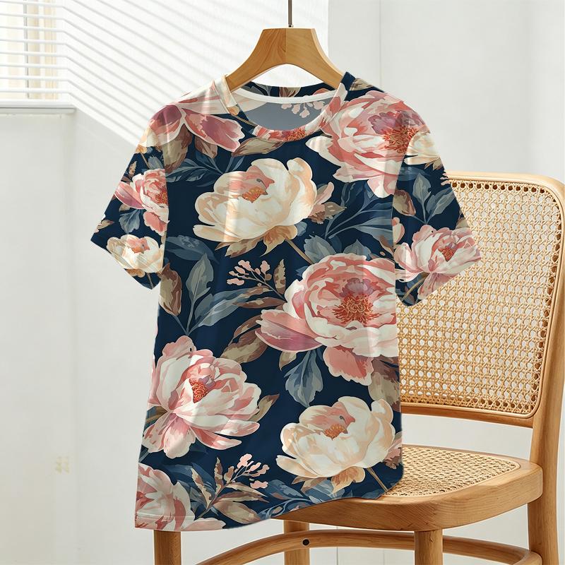 Women's Ins-Style Floral Print Short Sleeve T-Shirt Soft, Comfortable, Versatile for Daily Casual Wear