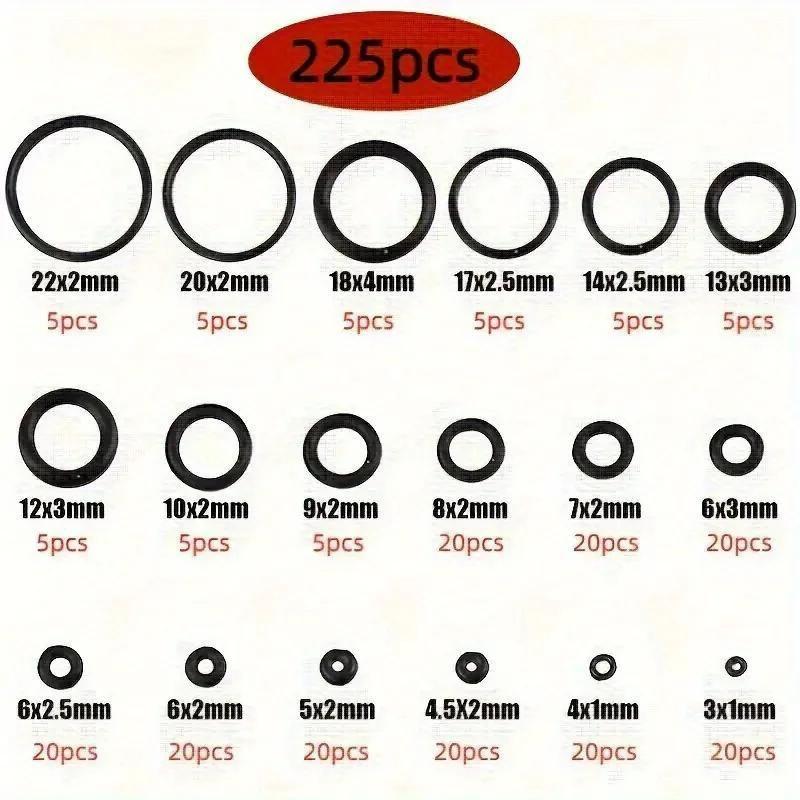 225 Stück O-Ring-Set Dichtungen 18 Größen Nitrilkautschuk Runde Dichtungsringe Elastisch Ölbeständig Unterlegscheiben Dichtungen Wasserhahn Professionell