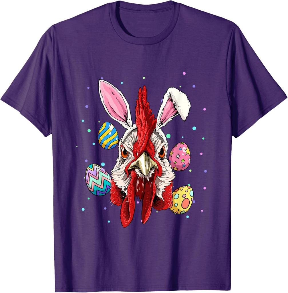 Funny Rooster Bunny Easter Egg Graphic Tee Men's Casual Short Sleeve T-Shirt Trip