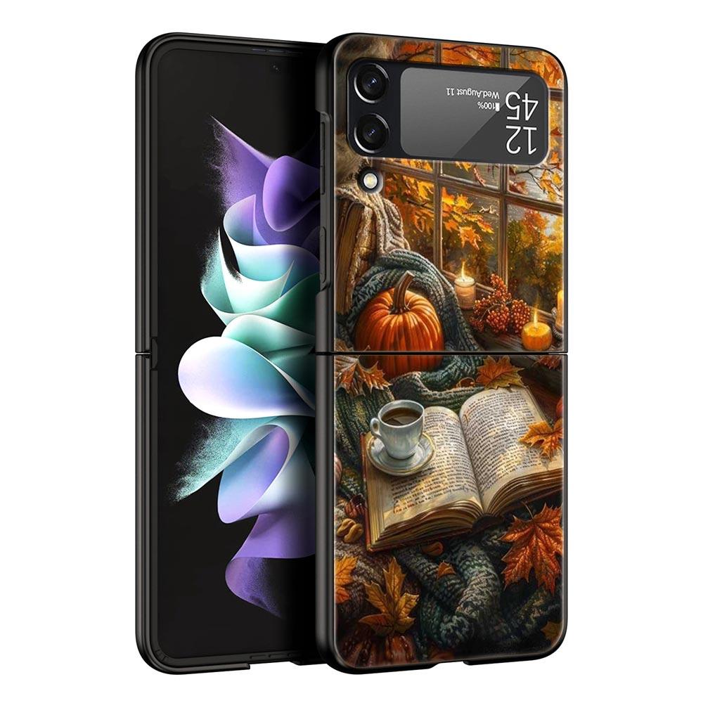 Pumpkin Autumn Leaves Coffee Hard PC Phone Case For Samsung Galaxy Z Flip 7 6 5 4 Black Cover For Galaxy Z Flip 3 Foldable Shell