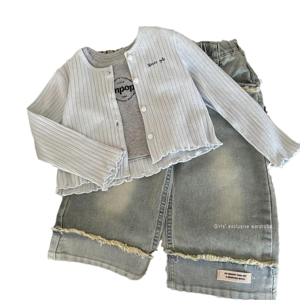 2024 Girls' Korean Autumn Knit Cardigan & Vest Jeans Set