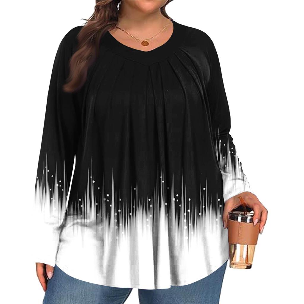 Dámská móda plus size Tištěný ležérní plisovaný top s kulatým výstřihem a dlouhým rukávem