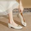 Leather thick heel low heel single shoes women's Korean version white light mouth square head metal buckle fashionable versatile French high heel wom