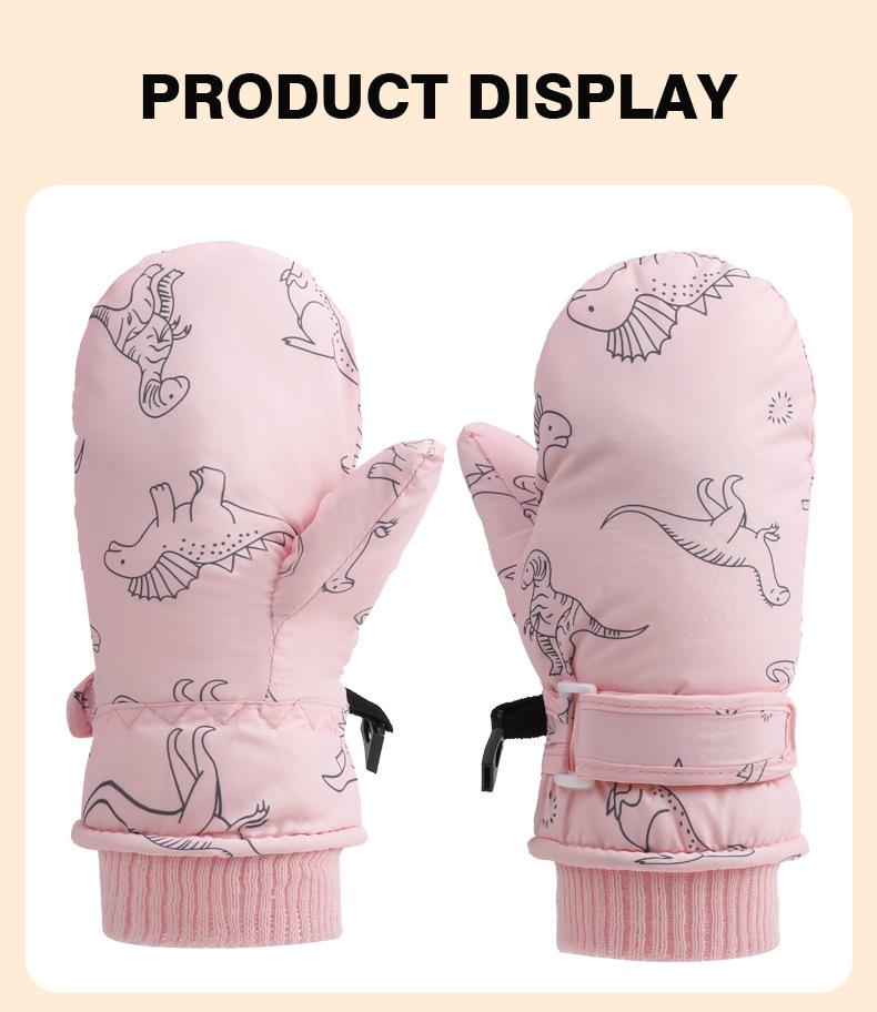 Quick-Drying Waterproof Kids' Ski Gloves with Cartoon Print - Thickened, Plus Velvet for Autumn and Winter