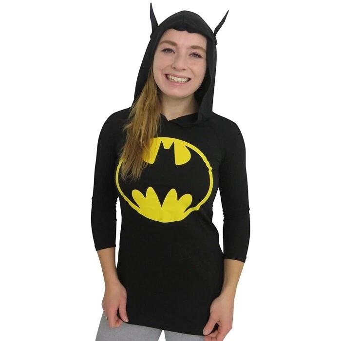 DC Comics Batman Logo Juniors Hooded Raglan Shirt With Ears New S, M, L 2XL