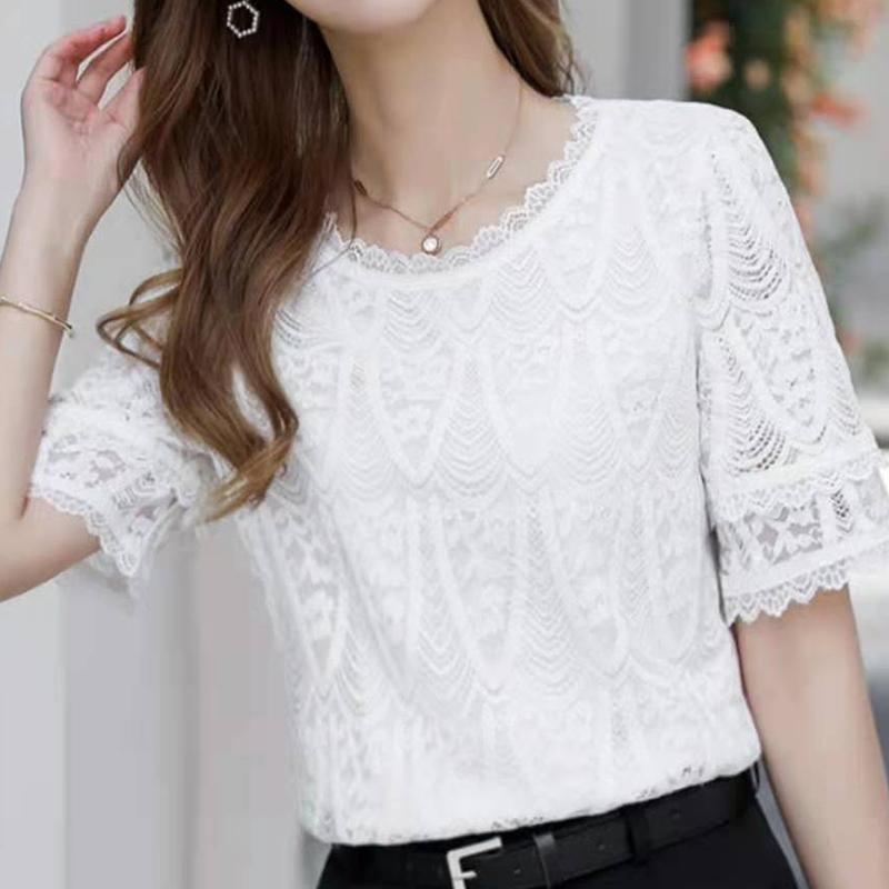 Casual Fashion Solid Lace Hollow Out T-shirt Summer New Short Sleeve O-Neck Loose Pullovers Tops Women's Clothing