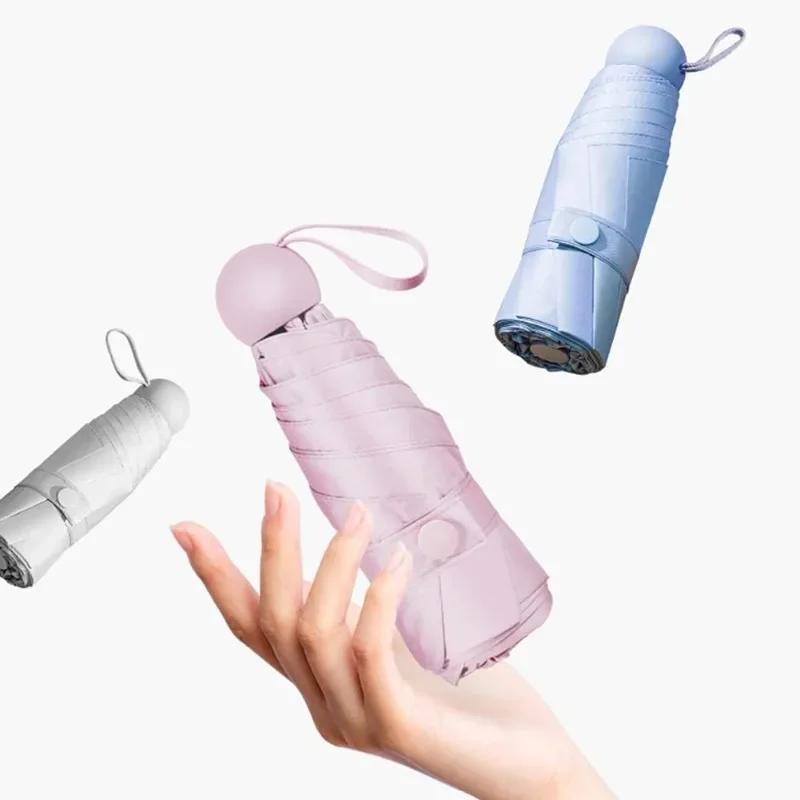 Mini Pocket Five - Folding Compact Portable Capsule Umbrella for Womens Rain and UV Pure Color 6 Bone Parasol
