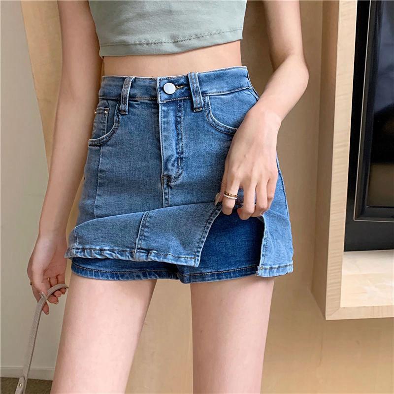 Youthful and Slimming Half-body Skirt Elastic High-waisted A-line Short Skirt Pants Split Package Hip Black Skirt Ms. Summer Fashion Denim Short Skirt