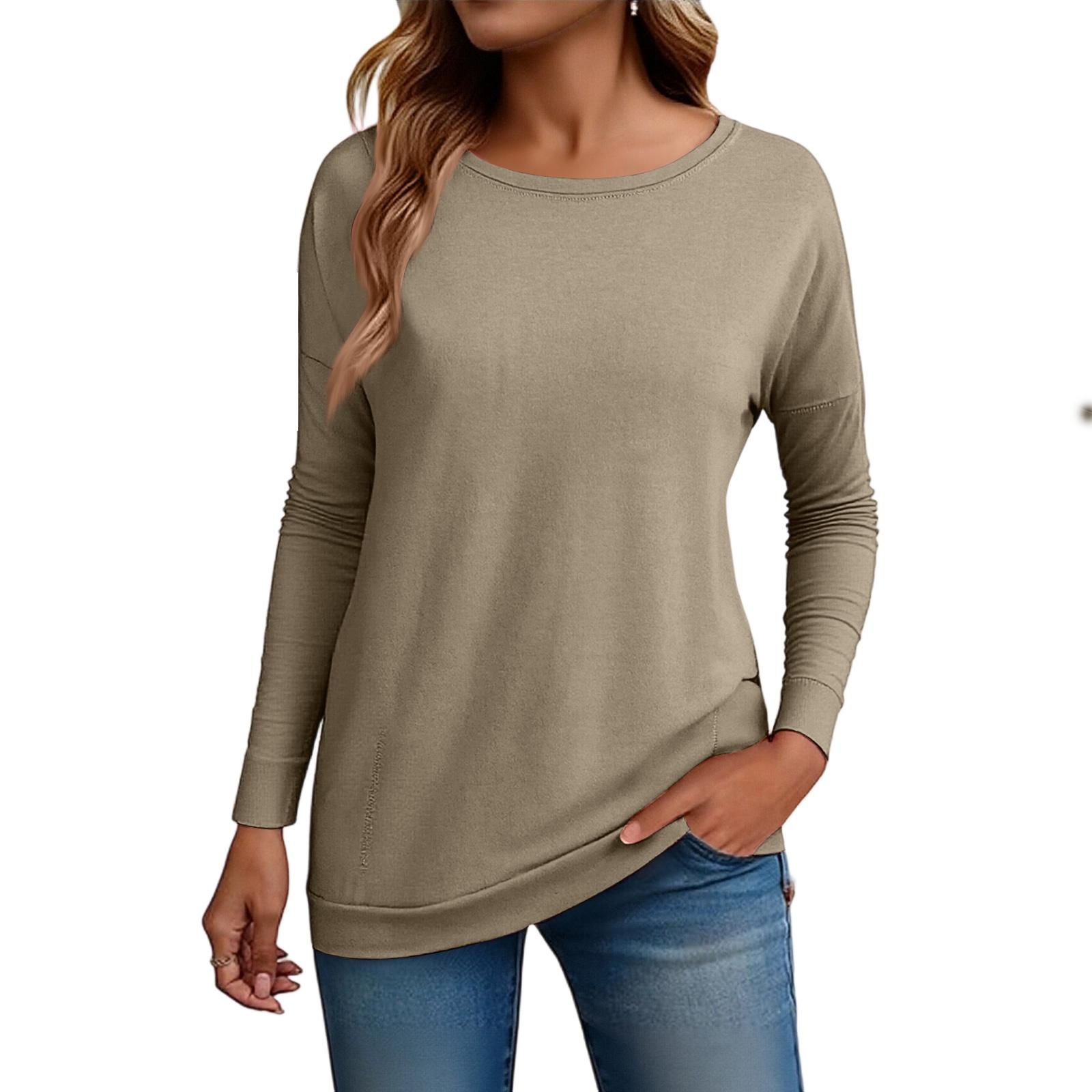 

Women s Fashion Loose Round Neck Long Sleeve Solid Color T-shirt Top M хаки