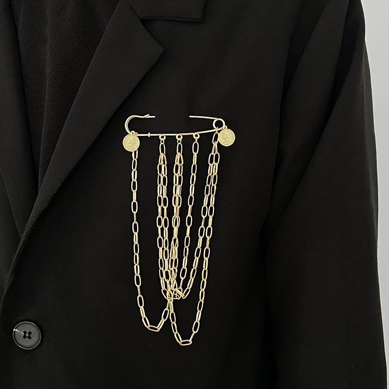 Men's Trendy Long Chain Suit Brooch - European & American Style Pin with Unique, High-End Design