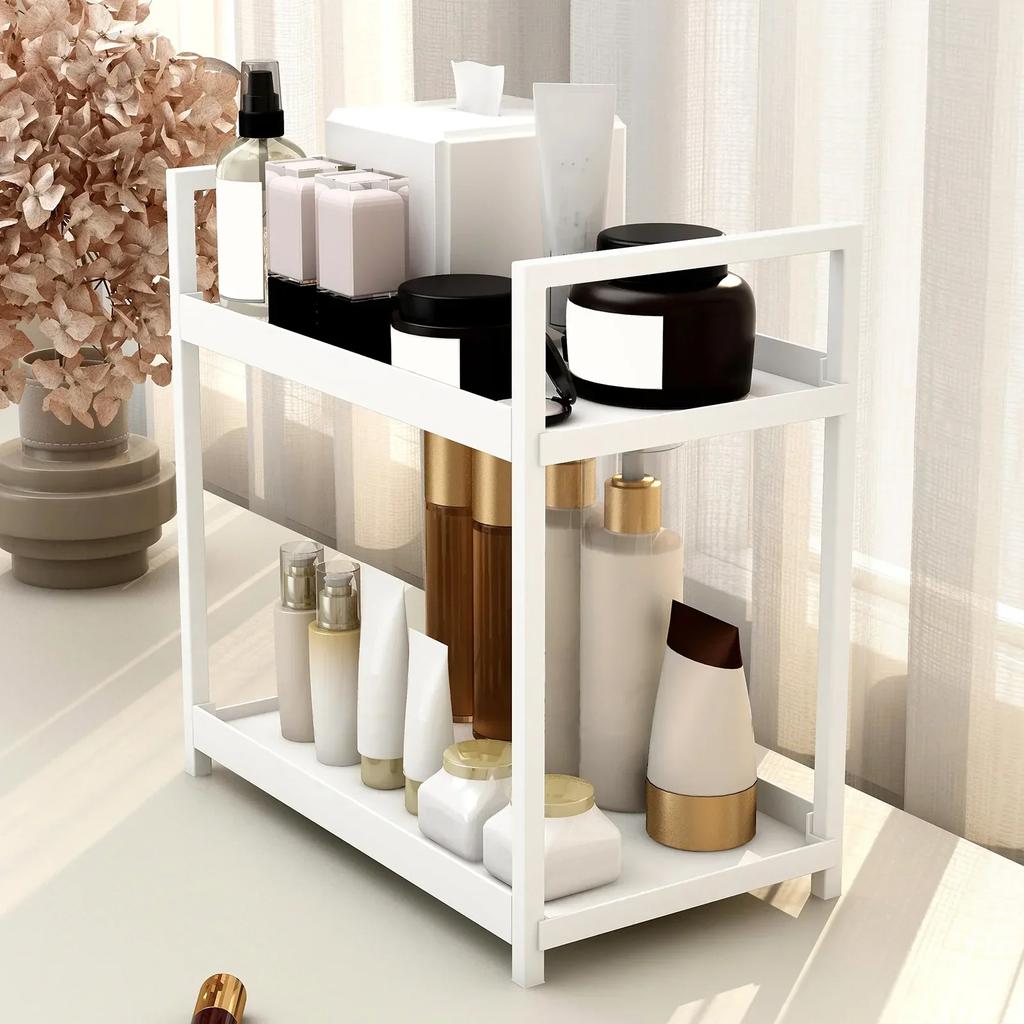 2 Tier Under Sink Organizer Sliding Cabinet Basket Organizer Storage Rack with Hooks Hanging Cup Bathroom Kitchen Organizer