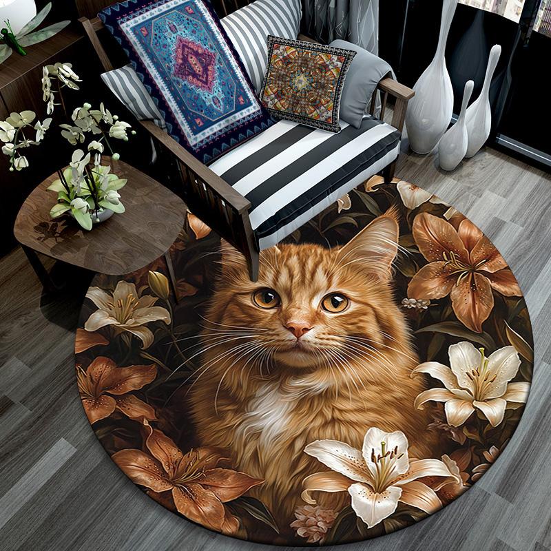 Orange Cat Round Area Rug,Carpet Rug for Living Room Bedroom Sofa Playroom Decor,Non-slip Floor Mat