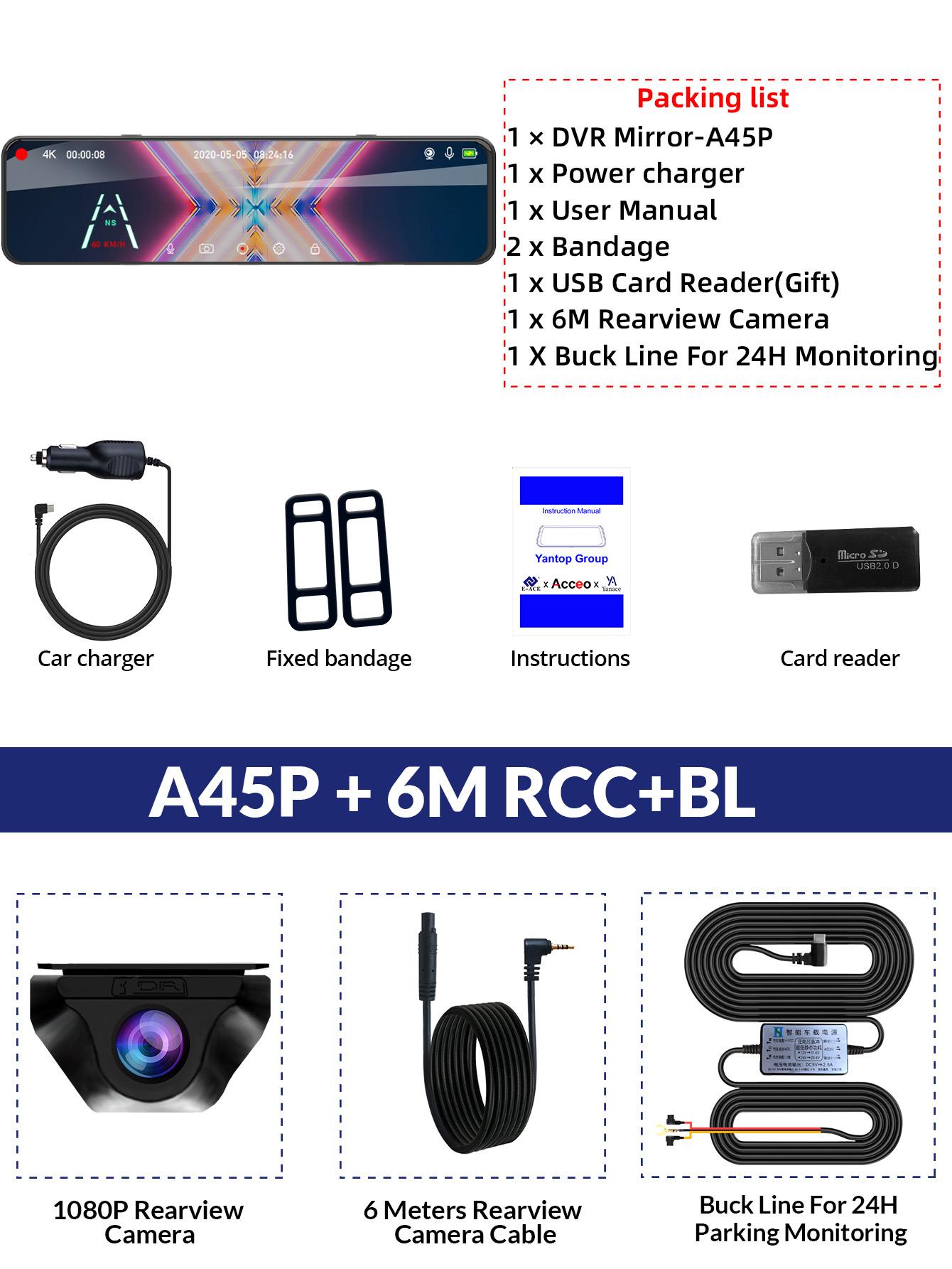 

E-ACE 11,26-дюймовый сенсорный экран Автомобильный видеорегистратор 4K Зеркало заднего вида DVR записывающее устройство с двумя объективами