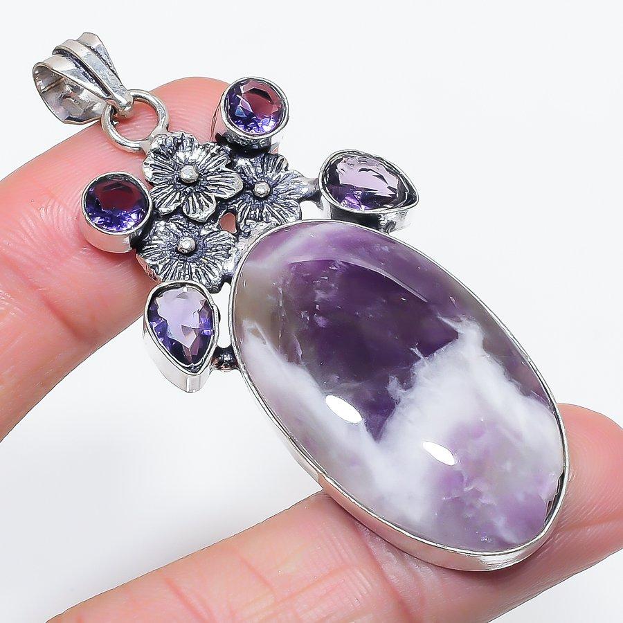 Chevron Amethyst, Amethyst Gemstone 925 Sterling Silver Pendant 2.64"