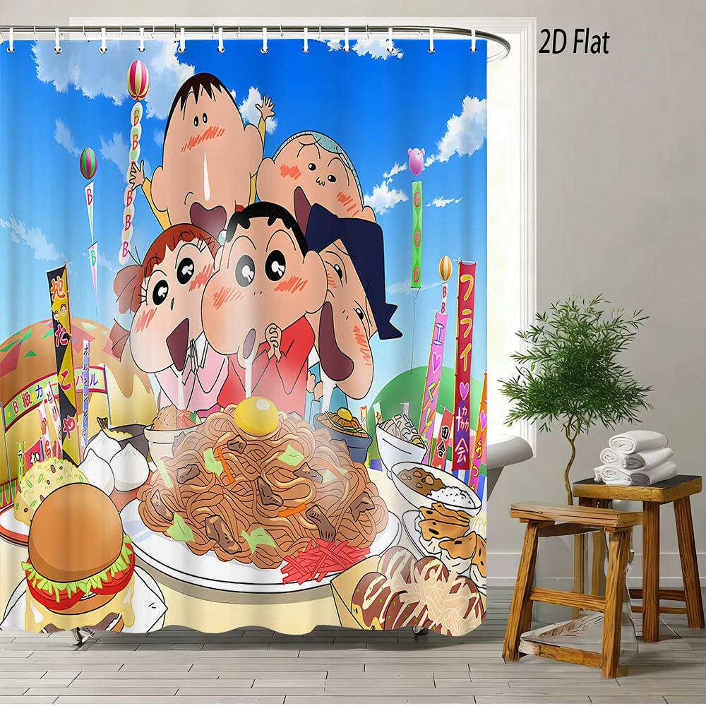 Crayon Shin-Chan & Himawari & Shiro & Leopard & Rooster Jungle Adventure Scene 2D Print Waterproof Shower Curtain, Bright Green