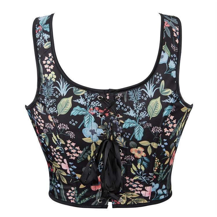 Womens Sexy Bustier Corset Top Eyelet Lace-up Floral Print Push Up Crop Tops Vintage Tank Top Party Clubwear Bodice