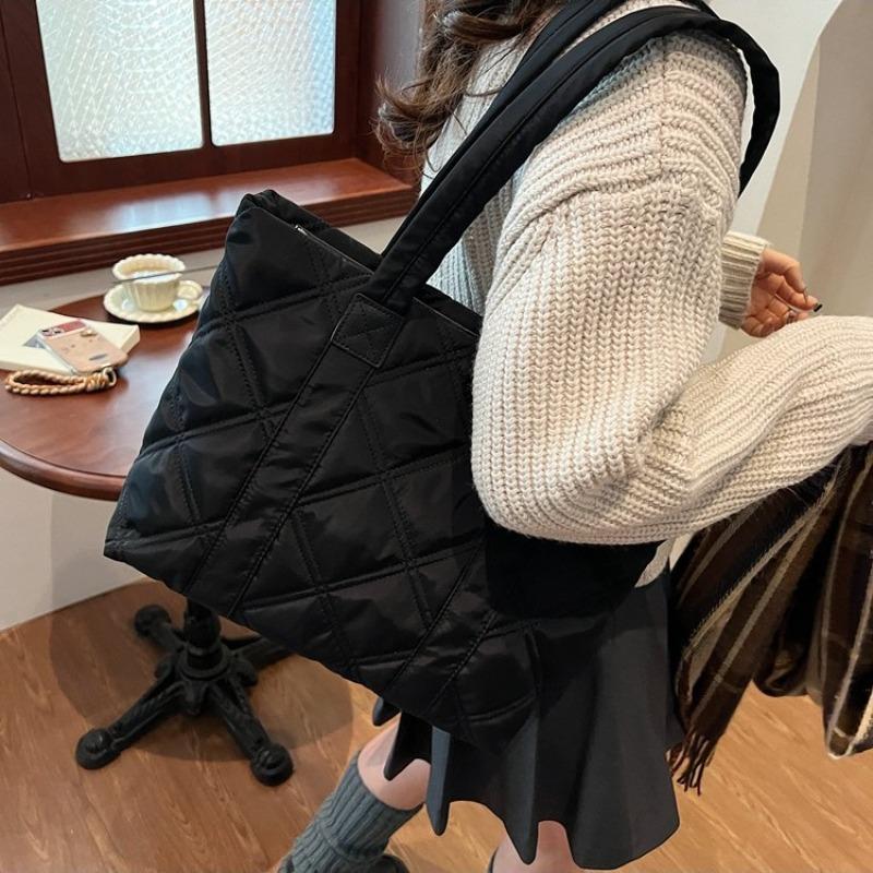 Tote bag new simple nylon large-capacity bag rhombus embroidery thread handbag casual shoulder bag