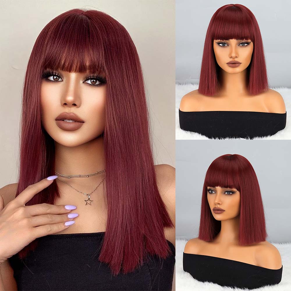 MISS WIG Natural Wine Red Synthetic Fiber Wigs Short Straight Wig with Bangs Wig Cosplay Daily Use Hair for Wome