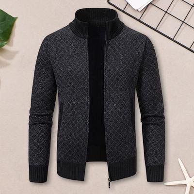 Manteau en tricot pour homme, col montant, manches longues, fermeture éclair complète, avec poches, imprimé écossais, automne-hiver, tricot décontracté