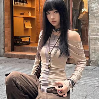 Seeslim Dámské tričko Oblečení 2000s Y2k Trička Dámský Dlouhý rukáv Odhalená ramena Korejská móda Skinny Hotsweet Podzimní topy Slim